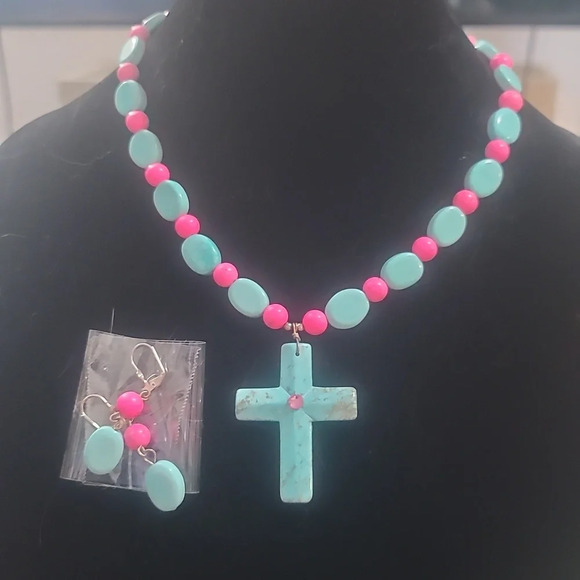 Vintage Jewelry - Faux turquoise white pink blue beaded cross necklace & earrings set